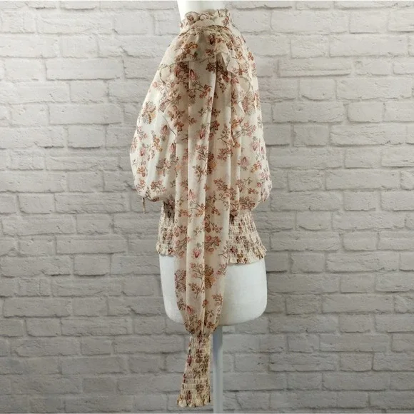 O Forever 21 Cream Wildflower Neck Tie Smocked Cropped Long Sleeve Top NWT M - Picture 3 of 13